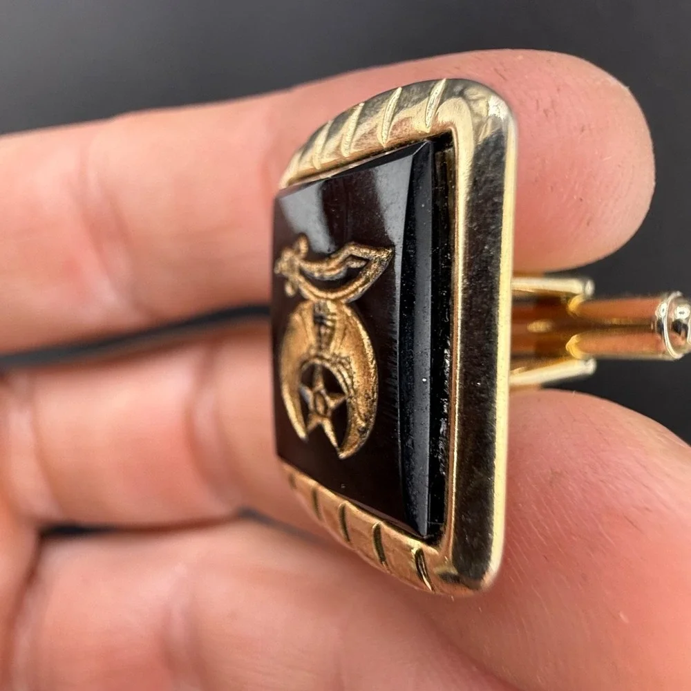Vintage Shriner's Cufflinks Tie Clip Masons‎ Gold Tone Stone